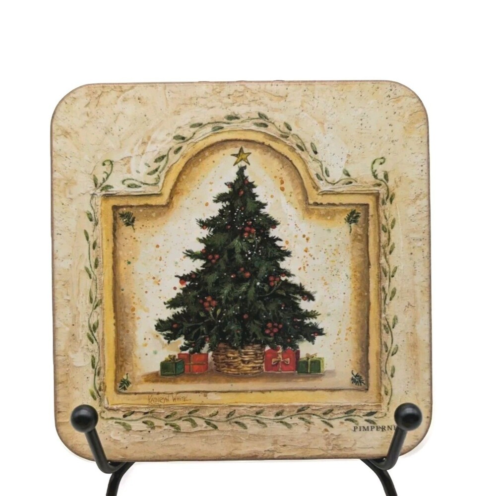 Set Of 6 Pimpernel Cork Coasters Christmas Tree Kathryn White Square